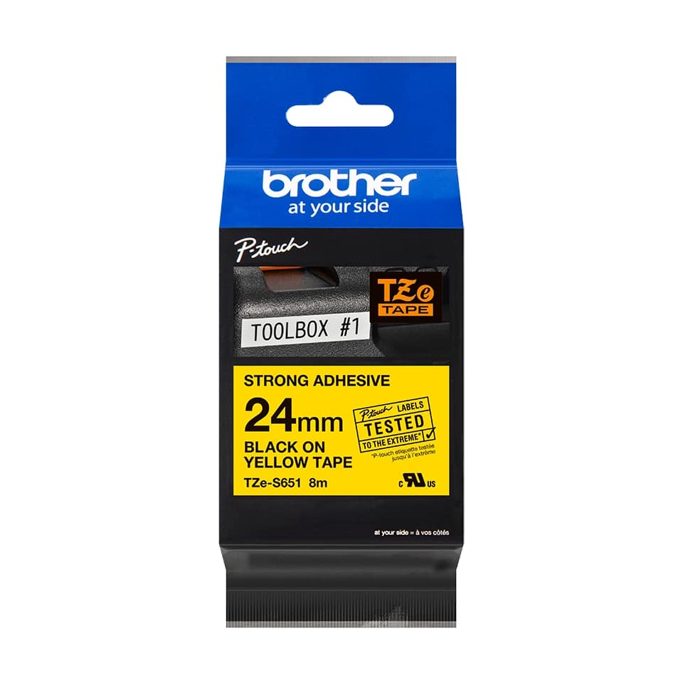Fita Original Brother TZeS651 Laminada Super Adesiva Texto Preto em Fundo Amarelo 24mm x 8 metros