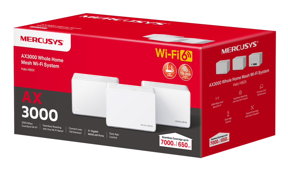 Router Mercusys Wireless AX3000 Halo H80X Whole Home Mesh Dual-Band Gigabit WiFi 6 Pack de 3