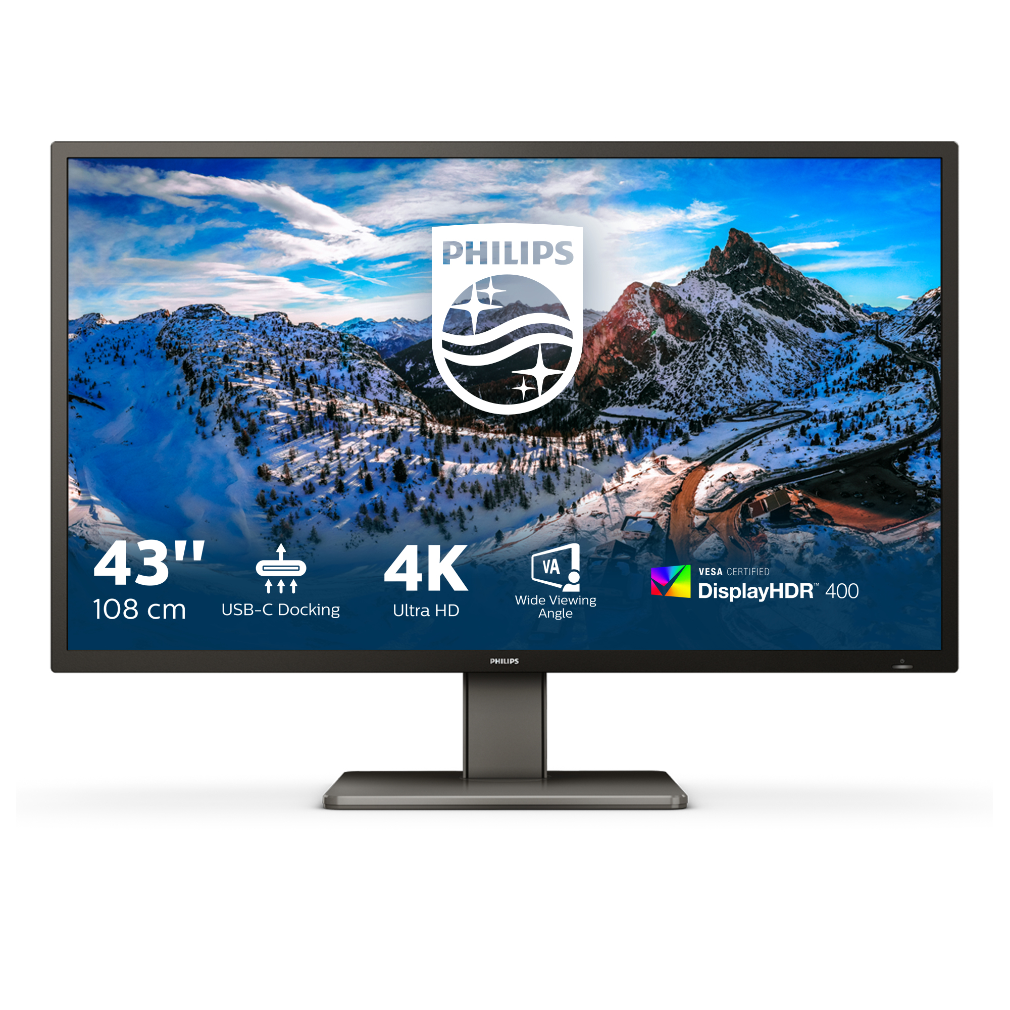 Monitor Profissional Philips 439P1 43" 4K Multimedia 60 Hz VA 400 cd/m² 4 ms 3xHDMI DisplayPort USB-C Preto