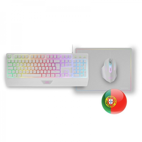Conjunto Teclado + Rato + Tapete Mars Gaming MCP124 Gaming 3en1 Teclado H-Mech RGB Rato RGB Switches HUANO Tapete Nanotextil Rainbow Branco