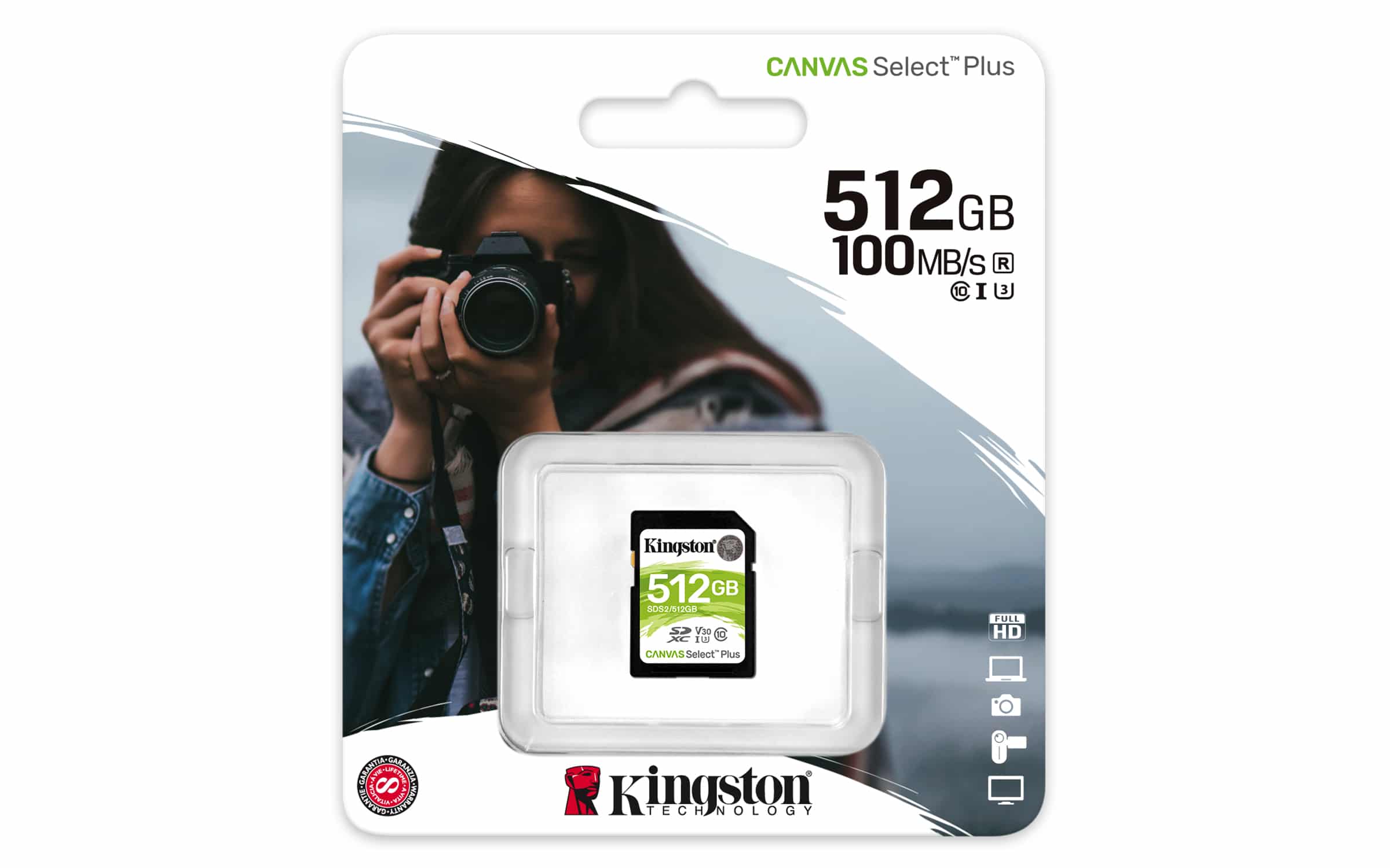 Cartão SD Kingston Canvas Select Plus 512Gb Video Class V30 UHS-I U3 Classe10 - SDXC UHS-I