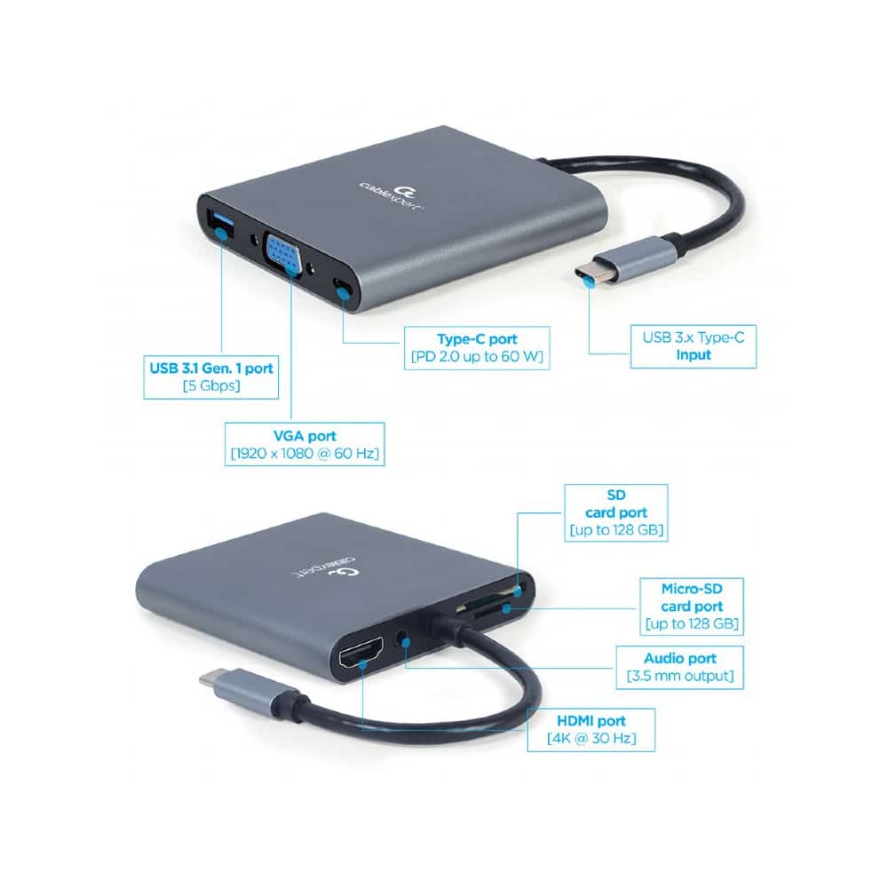 Adaptador - Docking Station Type-C 6IN1 Usb3.1 4k Hdmi VGA Audio Leitor Cartões Usb Type-C