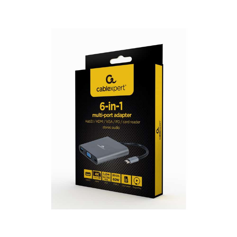 Adaptador - Docking Station Type-C 6IN1 Usb3.1 4k Hdmi VGA Audio Leitor Cartões Usb Type-C