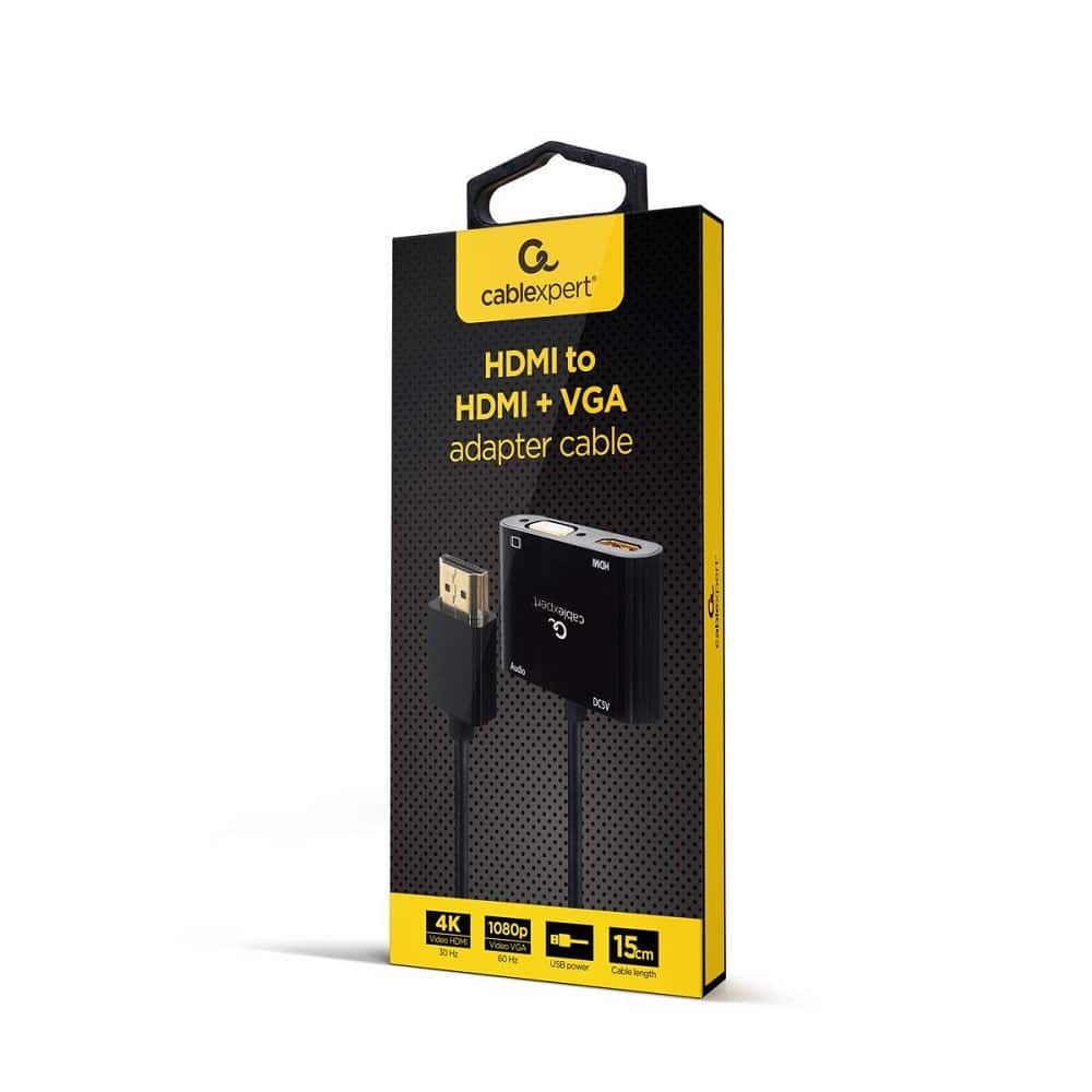 Cabo Adaptador Gembird HDMI Macho para HDMI Fêmea + VGA Fêmea + Cabo Adaptador Audio Preto