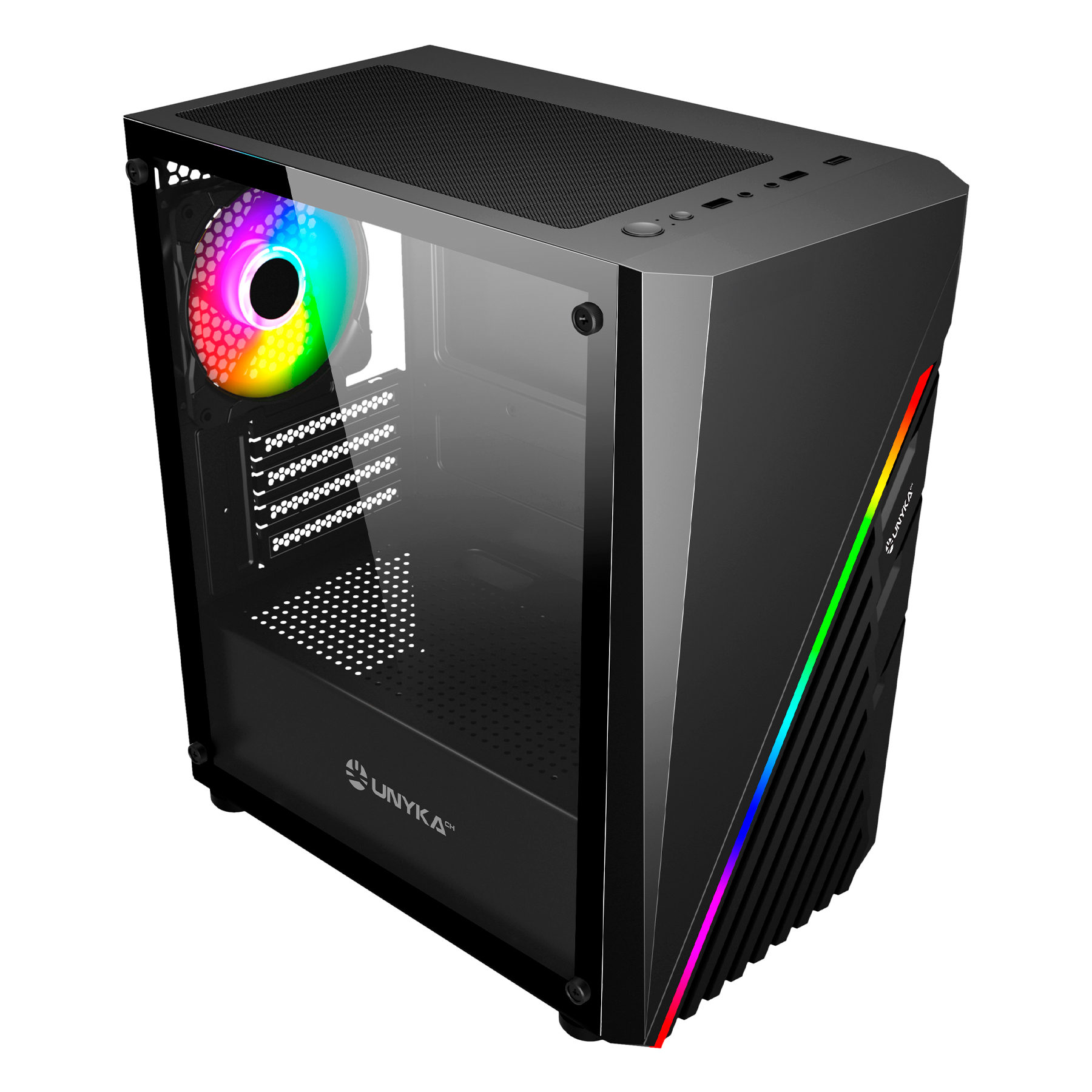 Caixa Gaming Micro Atx Unykach Mini Glayze Lateral Cristal Temperado USB-A 2.0/3.0 e Audio 1 Ventilador 120mm RGB Instalado