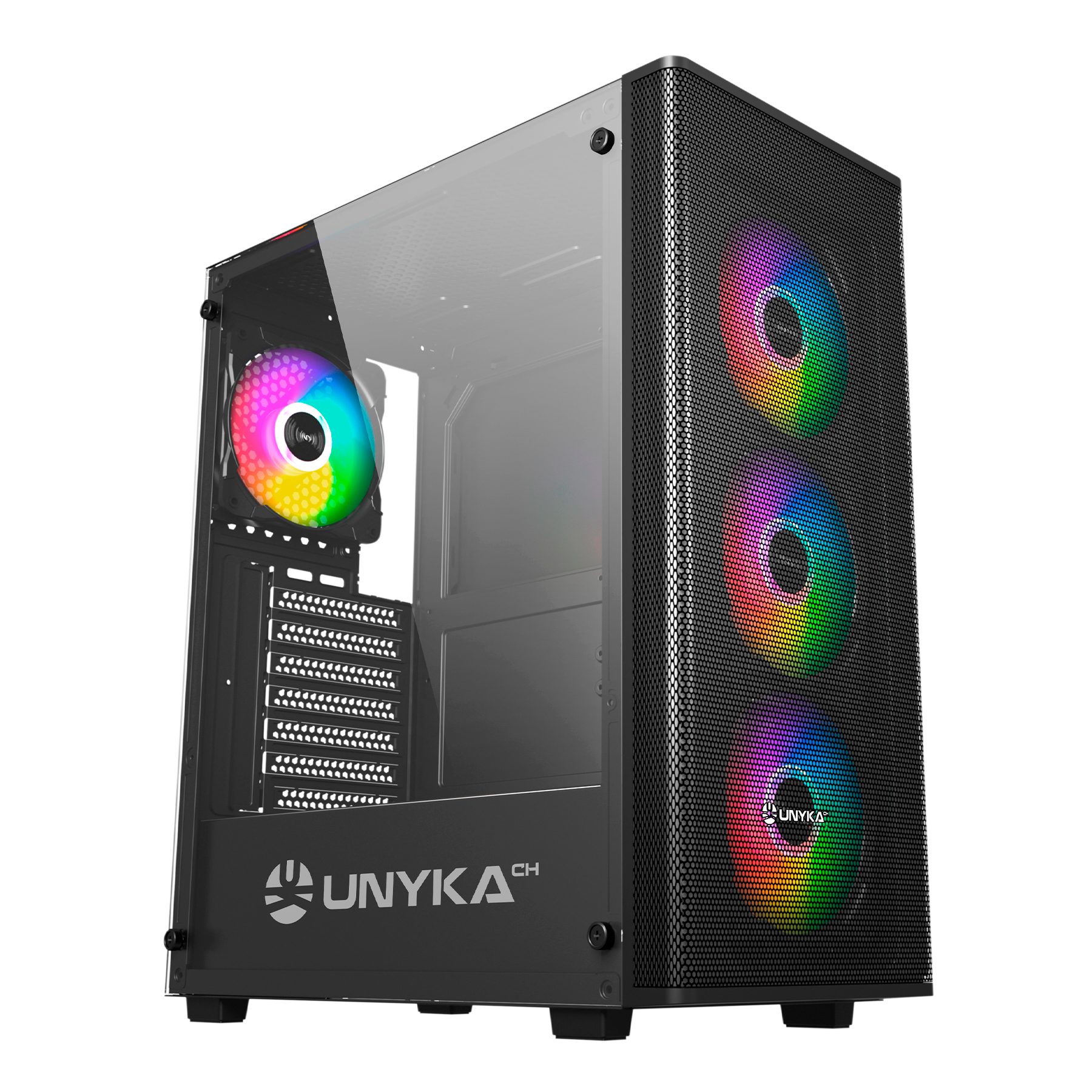 Caixa Gaming ATX Unykach MIR 100 Lateral de Vidro Temperado USB-A 2.0/3.0 e Audio 4 Ventiladores 120mm ARGB Instalados - Suporta Refrigeracão Liquida