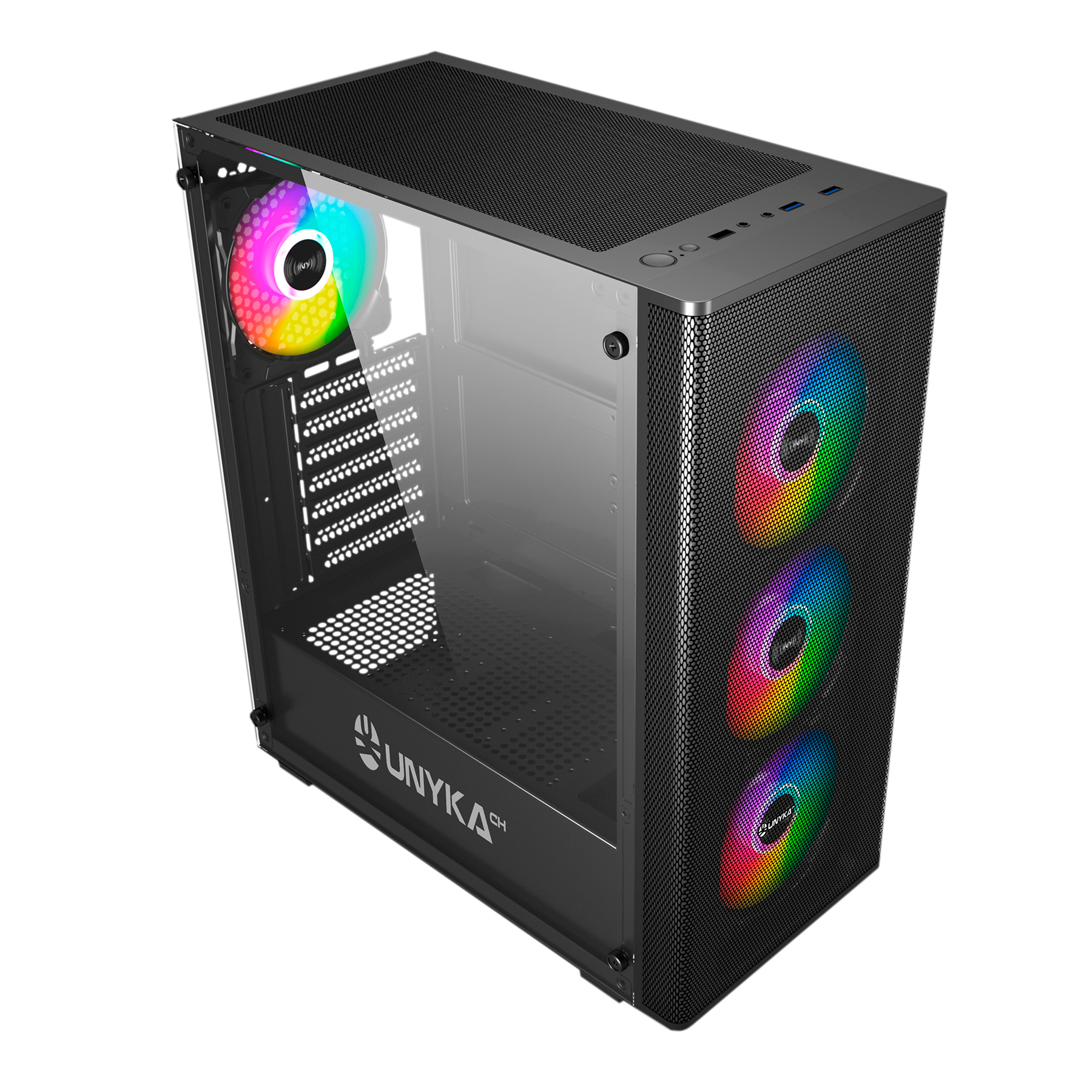 Caixa Gaming ATX Unykach MIR 100 Lateral de Vidro Temperado USB-A 2.0/3.0 e Audio 4 Ventiladores 120mm ARGB Instalados - Suporta Refrigeracão Liquida