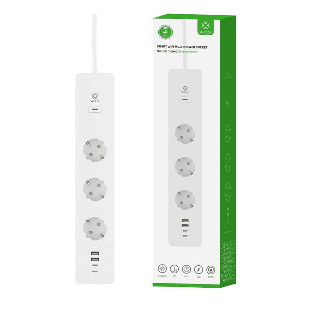 Tomada proteção Woox R6132 3x Schuko 2*Usb A 2*Type-C Inteligente com Medidor Energia