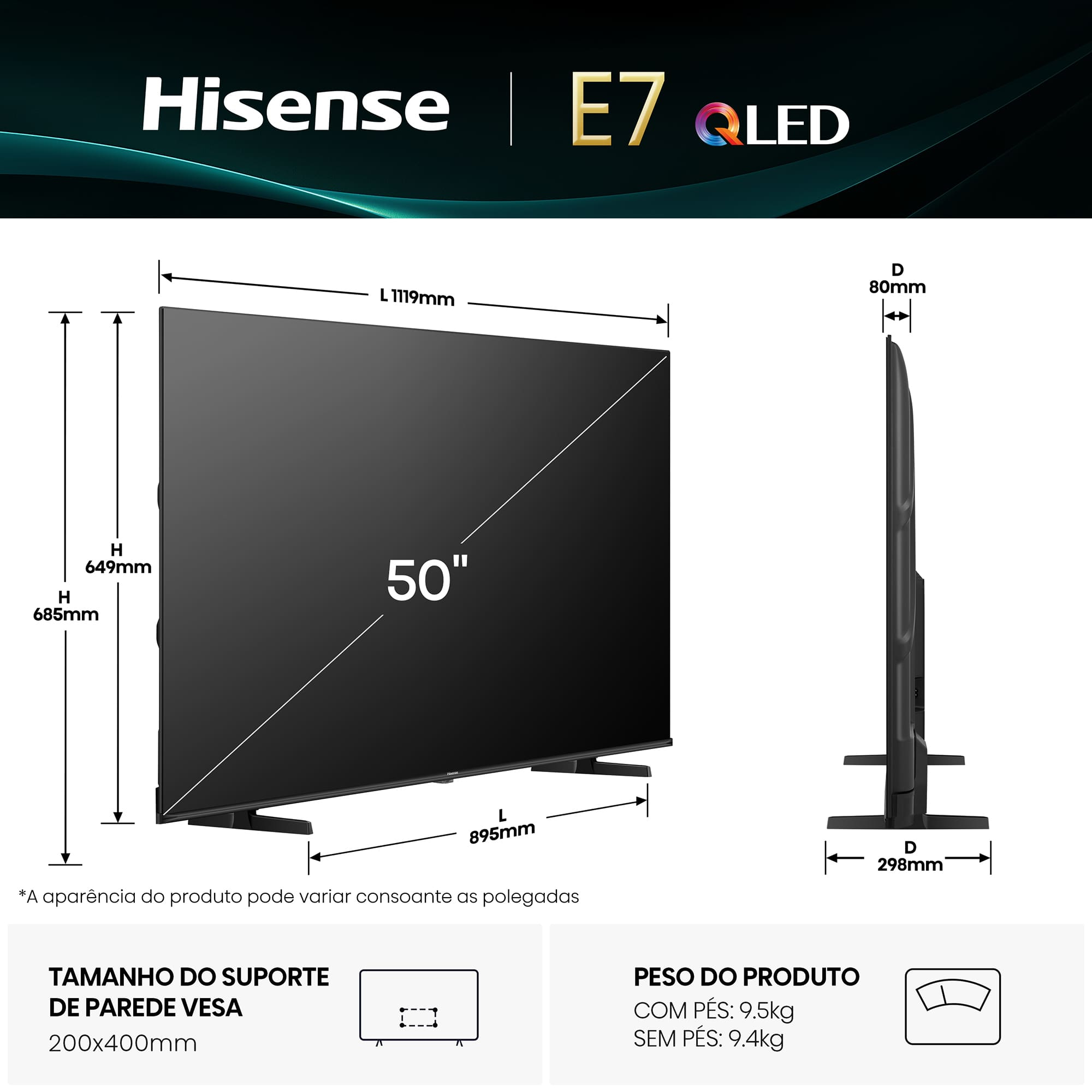 TV Hisense QLED 50" Uhd 50E7Q Smart TV