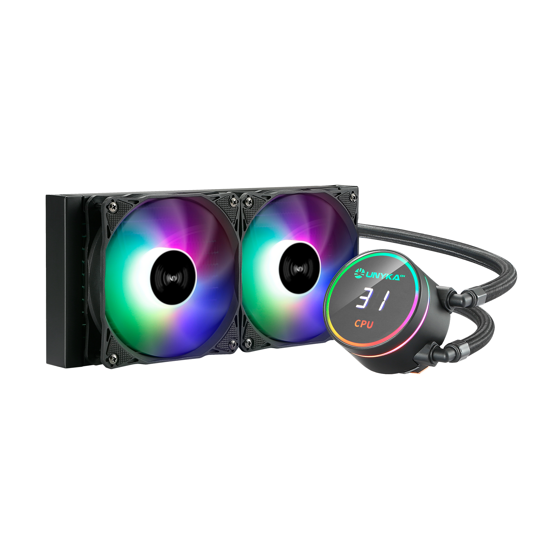 Dissipador Liquido Unykach Aquastorm 240 2 Ventiladores de 120mm RGB Visualização Temperatura CPU Tubo de 350mm
