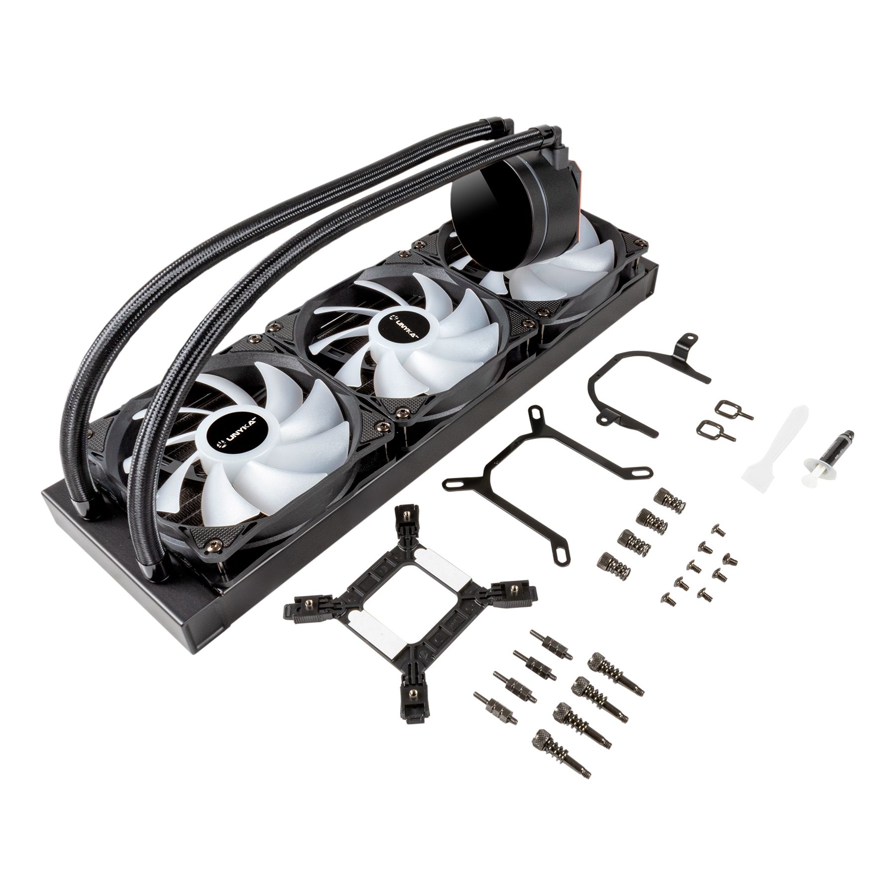 Dissipador Liquido Unykach Aquastorm 360 3 Ventiladores de 120mm RGB Visualização Temperatura CPU Tubo de 380mm