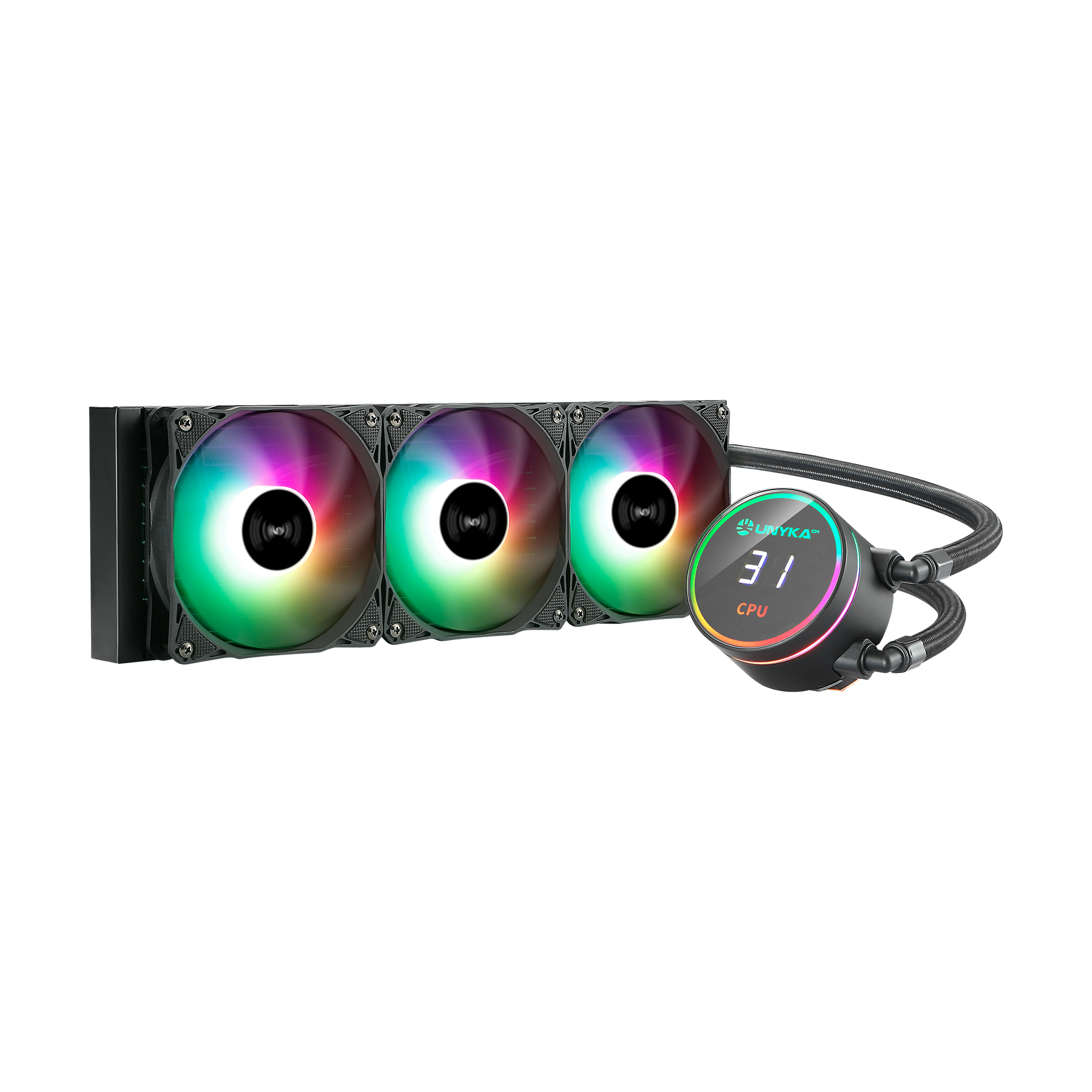Dissipador Liquido Unykach Aquastorm 360 3 Ventiladores de 120mm RGB Visualização Temperatura CPU Tubo de 380mm